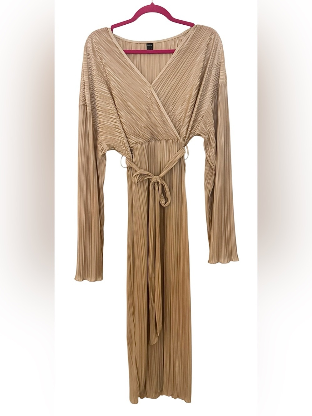 SHEIN Champagne Pleated Long Sleeve Wrap Dress with Tie Waist